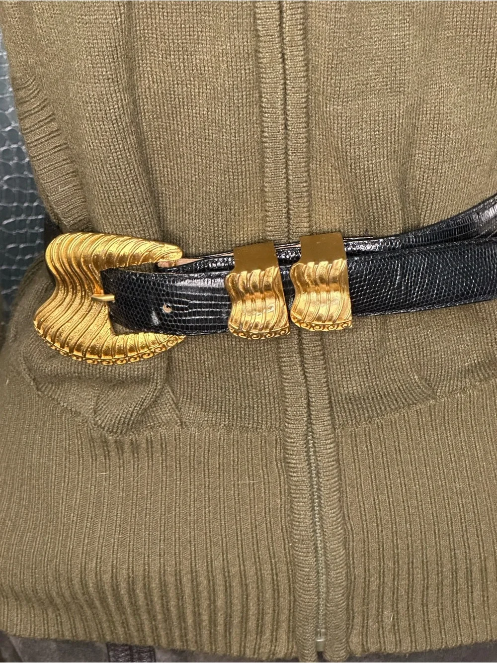 Dicelli Vintage Black Genuine Lizard Belt with Gold Buckle